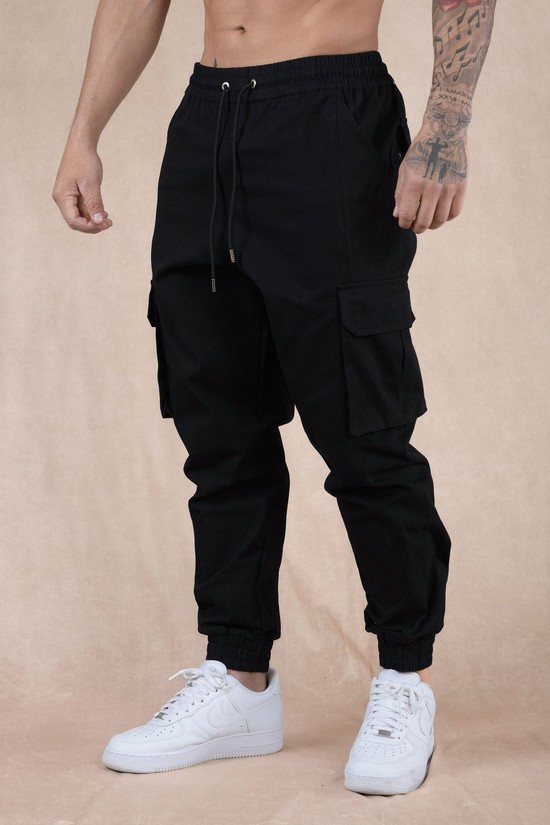 Youngla 202 Twill Cargo Uomo Pantaloni Jogger Nere | EJ8102576