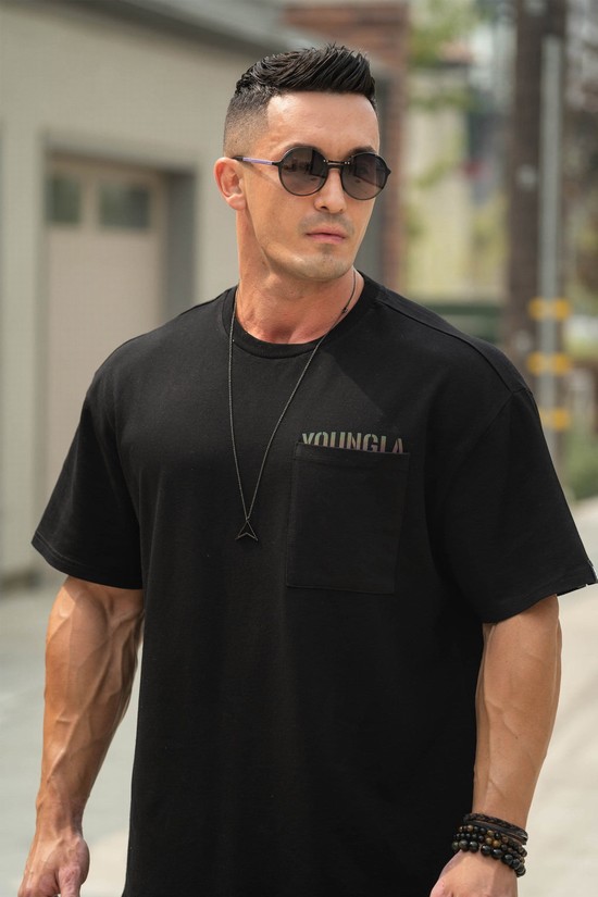 Youngla 426 Reflective Oversized Los Angeles Uomo Camicie Nere | EB5741286