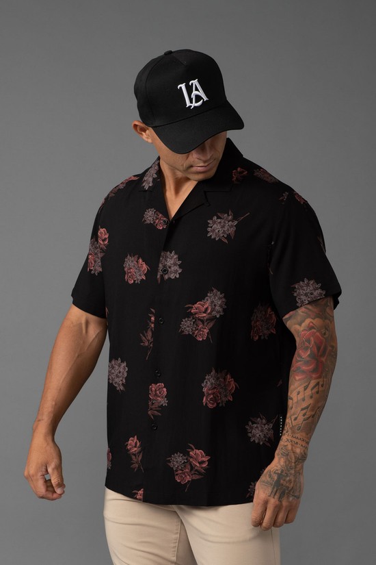 Youngla 445 Cabo Vibez Printed Uomo Camicie Nere | DG8039657