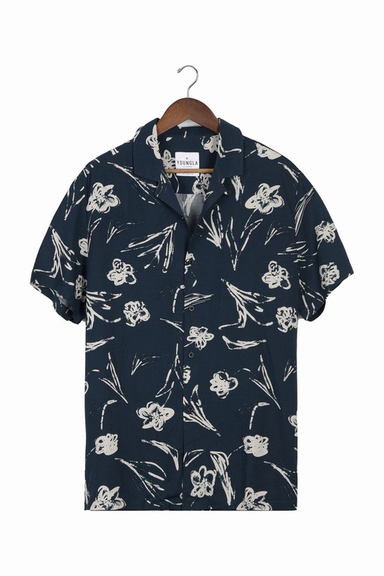 Youngla 445 Cabo Vibez Printed Uomo Camicie Blu Marino | RY5162780