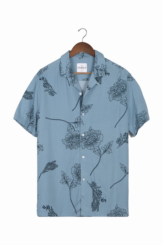 Youngla 445 Cabo Vibez Printed Uomo Camicie Blu Chiaro | TJ3754982