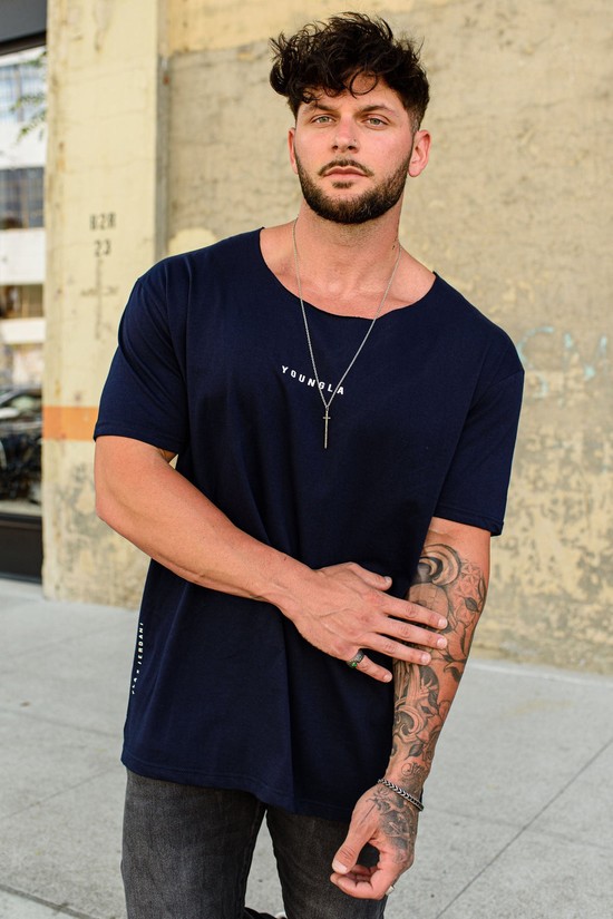 Youngla 447 Larghe Neck Raw Cut Uomo Camicie Blu Marino | AT8926153
