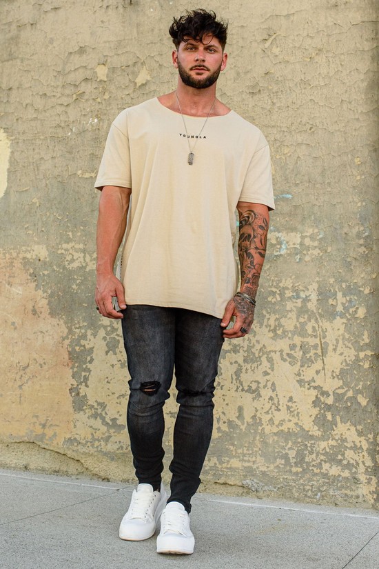 Youngla 447 Larghe Neck Raw Cut Uomo Camicie Beige | NG2158074