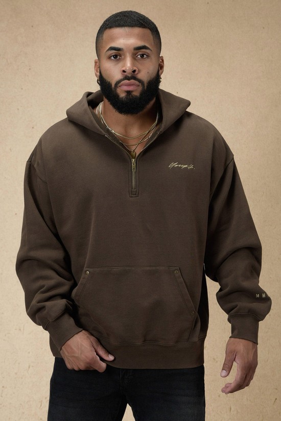 Youngla 509 Rivet Quarter Zip Uomo Felpa Con Cappuccio Caffè | MX7891564