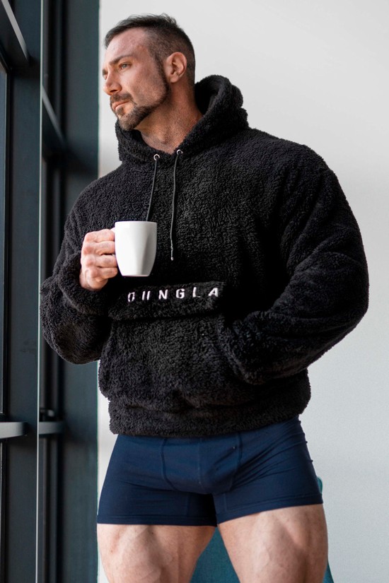 Youngla 538 Kangaroo Teddy Fleece Uomo Felpa Con Cappuccio Nere | BL9418523