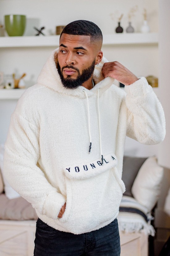 Youngla 538 Kangaroo Teddy Fleece Uomo Felpa Con Cappuccio Bianche | JB8395120