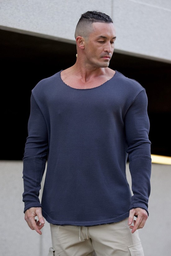 Youngla 819 Terrain Larghe Neck Longsleeves Uomo Camicie Blu | UX3067891