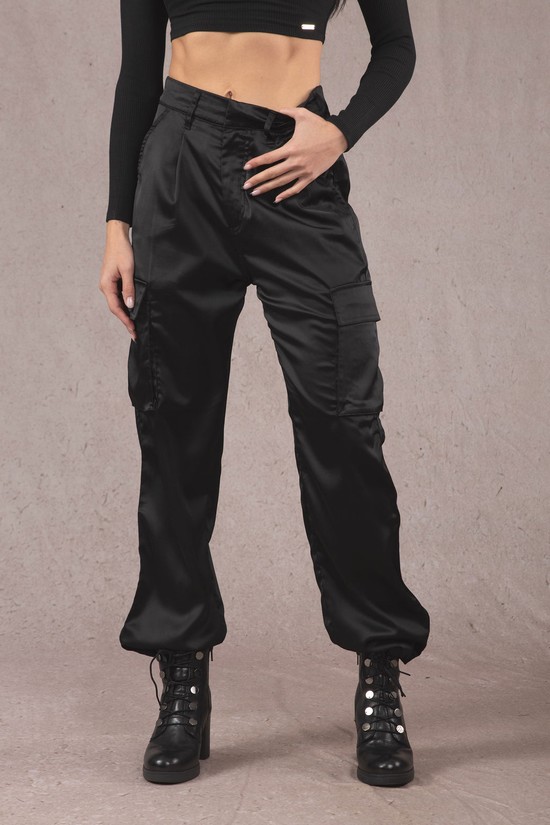 Youngla W217 Gloria Satin Cargo Donna Pantaloni Jogger Nere | PD7923560